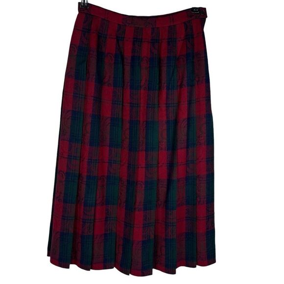 Vintage 90s Pendleton Pleated Plaid Wool Midi Skirt Red Green Navy Size 8 - Picture 1 of 9